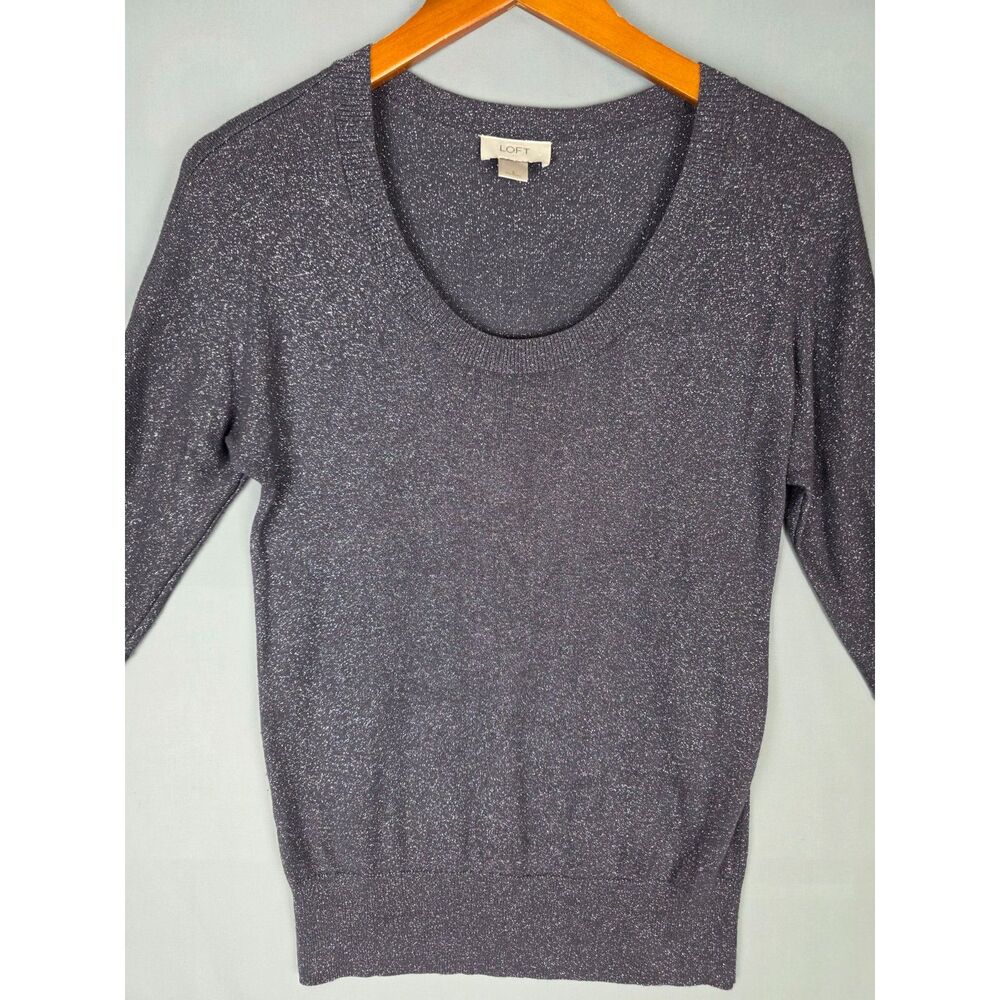 Loft Dark Gray Metallic Glitter Shimmery Fitted Sweater Pullover Size Small